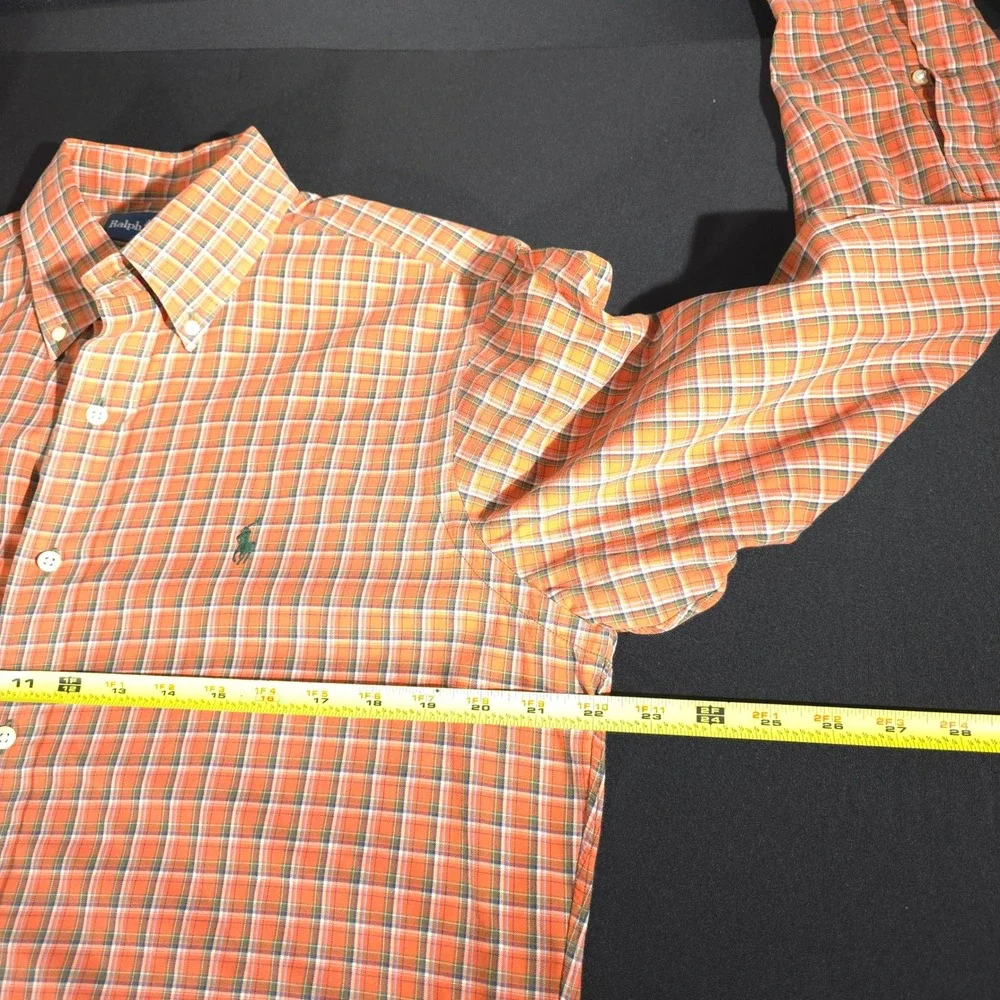 Ralph Lauren Plaid Shirt Mens Medium Orange Classic Fit Long Sleeve Button Down